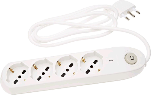 BTICINO CIABATTA ELETTRICA MULTIPRESA POKER CON 4 PRESE UNIVERSALI SCHUKO BIPASSO STANDARD TEDESCO INTERRUTTORE ON/OFF E PROTEZIONE SALVAFULMINE CAVO DA 1.5 MT CON SPINA SALVASPAZIO 3.500 W BIANCA